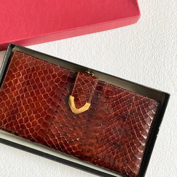 NIB Vintage Lizard Skin Burgundy Brown Long Wallet w Coin Compartment - Picture 11 of 13